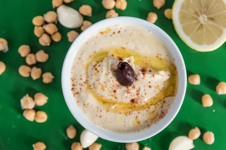 hummus image on greek kitchen green backround